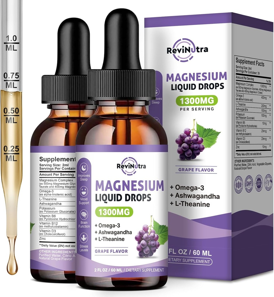 2 balení Magnesium kapalné kapky, klid Magnesium Glycinát kapalné kapky s Taurate & Citrát, draslík, Omega3, L-Theanine, Ashwagandha, D3, B6, B12 pro spánek, svalovina, srdce, Sugar- zdarma Grape Flavor