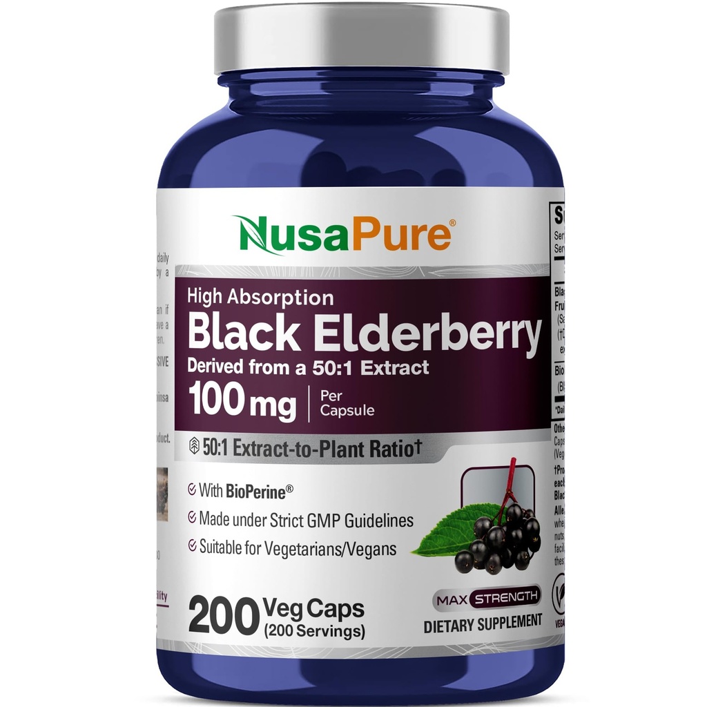 NusaPure Black Elderberry 50: 1 Extract, 100 mg Ekvivalentní na 5,000mg na Veggie Kapsle, 200 Počet (Non- GMO, Bioperin) Sambucus Dodatek