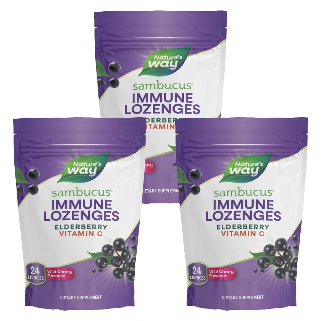 Nature 's Way Sambucus Imunity Lozenges, High Potency Vitamin C, Elderberry, Wild Cherry Flaused, 24 Lozenges (Balení května Vary) - 3 balení