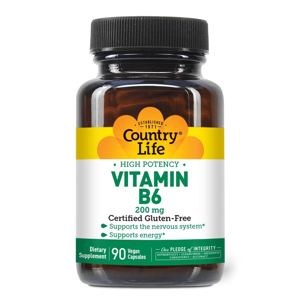 Country Life Vitamin B-6, High potency, podporuje energii a nervový systém, 200mg, 90 Vegan Kapsle, Certified gluten zdarma, Certified Vegan, Certified Halal...