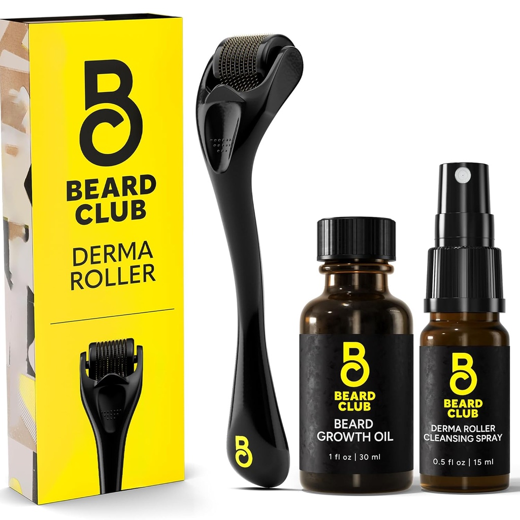 Vousáč Derma Roller, růstový olej & Čištění sprej na obličej, tělo a skalp - Mikroneedling pro muže a ženy s 540 Titanium Mikroneedles