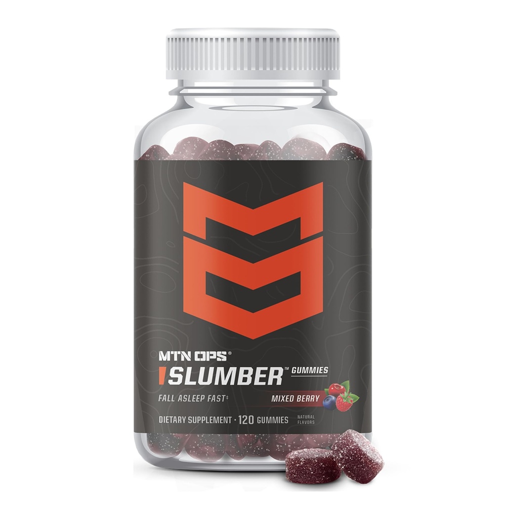 MTN OPS Slumber Sleep Gummies - 60 Servings, Tart Cherry 1000mg, Melatonin 2.5mg, Heřmánek, Přírodní příchutí, Made in USA, Smíšené Berry, Noční spánková pomoc