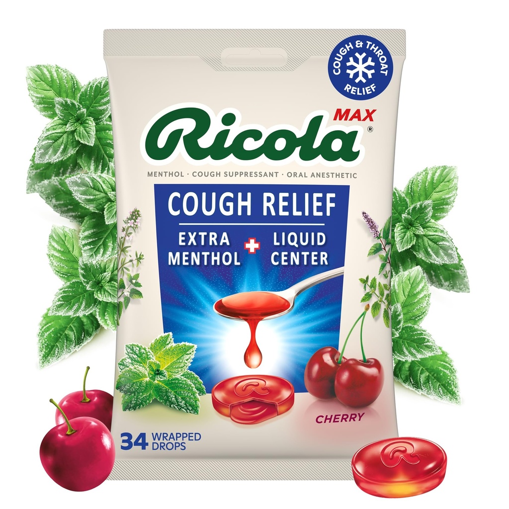 Ricola Max Swiss Cherry Krční péče Velký pytel 124; Kašel Suppressant Kapky 124; Dual Action Liquid Center 124; Soothing Long- Trvající pomoc - 34 Počet (balení po 1)