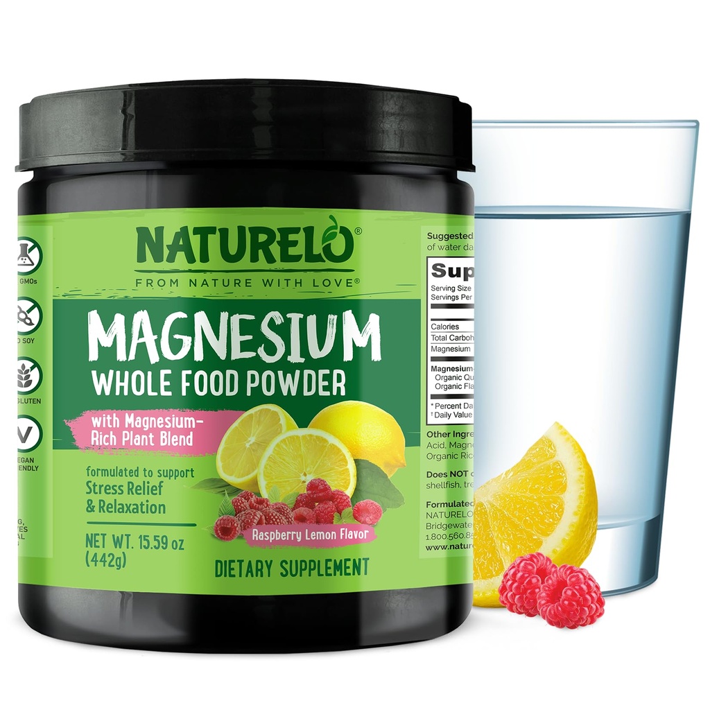 NATURELO Magnesium Powder - All Food Calm Magnesium Powder with Quinoa, Cauliflow, & Flaxseed for Stress Relief, Raspberry Lemon 85 Servings, 15oz
