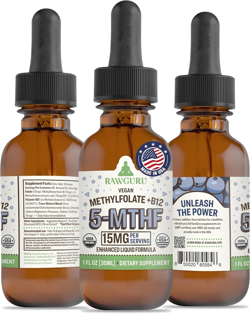 RawGuru L- methylfolát 15 mg + vitamin B12 - Organic Vegan Methylovaný B12 s stopovými minerály - Nano- Zpracovaná a vylepšená tekutá formule - 300 Servings Vegan Drops na 30 ml, balení po 1 ks