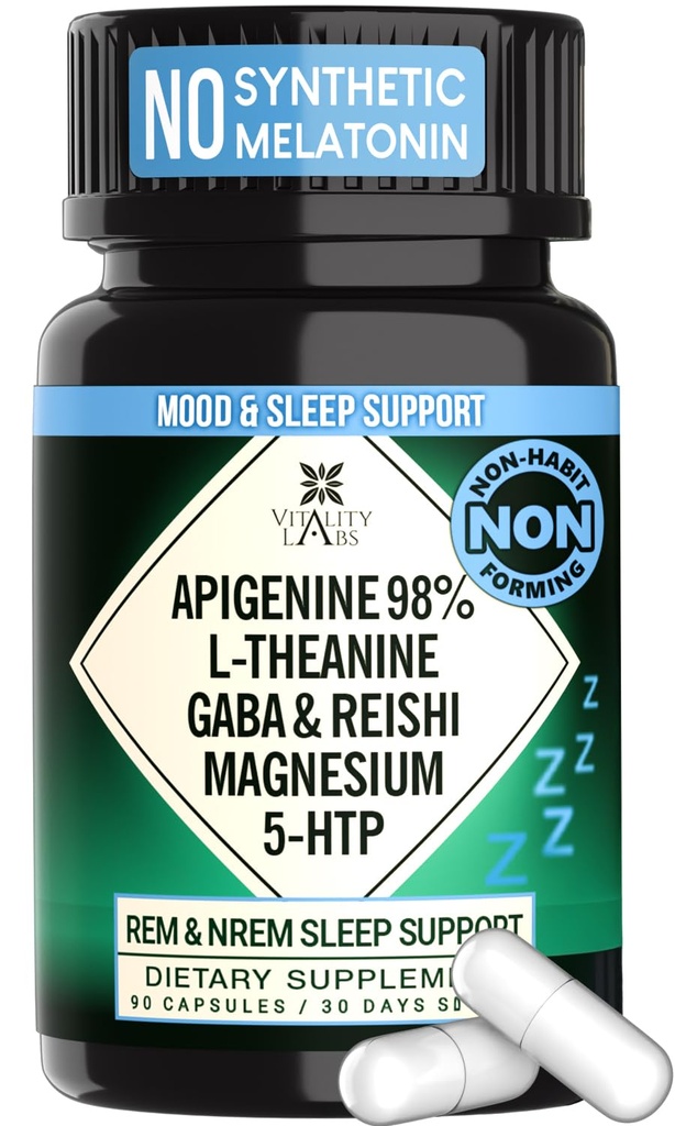 Přirozený doplněk pomoci při spaní pro dospělé bez melatoninu - Non- Habit Forming Bylinný spánek - GABA, L-Theanine, Reishi Houba, Apigenin, Magnesium Glycinát, 5-HTP - 90 Veganské kapsle
