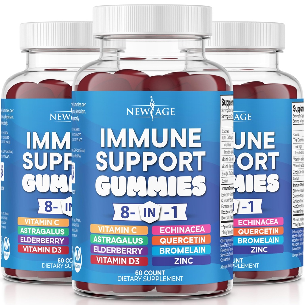 Nový věk 8 v 1 Imunitní podpora Booster dodatek s Astragalus Root, Vitamin C a zinek 50mg, Vitamin D 5000 IU, Quercetin & Bromelain (8 v 1 Gummies (balení po 3))
