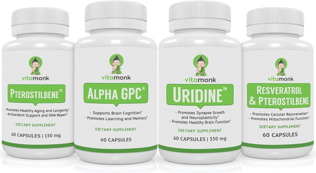 VitaMonk Resveratrol, Pterostilbene, Alpha GPC a Uridine Bundle - Dlouhověkost a Brain Boosting Stack