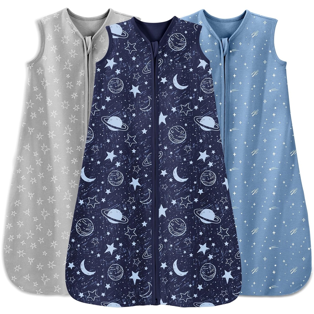 Baby Sleep Sack 12-18 Měsíce 3 Pack 100% bavlna Lehký 0.5 TOG Nositelný deka Baby Sleep Bag s 2-Way Zip pro kojence Toddler Blue