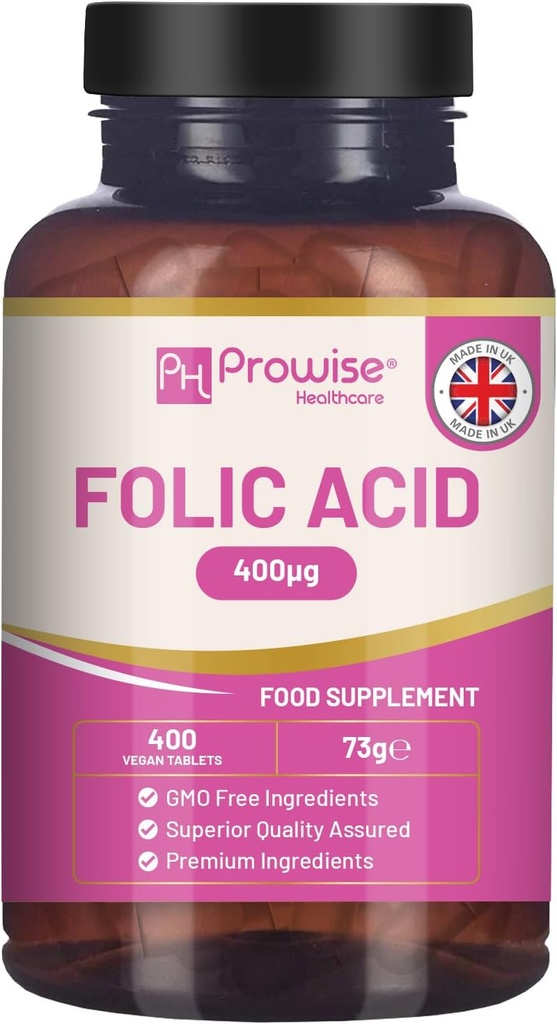 Acid tablety 400 mcg - 400 Vegan Vitamin B9 Tablety 124; 13 Měsíční zásoba 124; Vitamin B9 Těhotenství Péče 124; Normální funkce imunitního systému & Matematický růst tkáně během těhotenství 124; Spojené království Made - Prowise