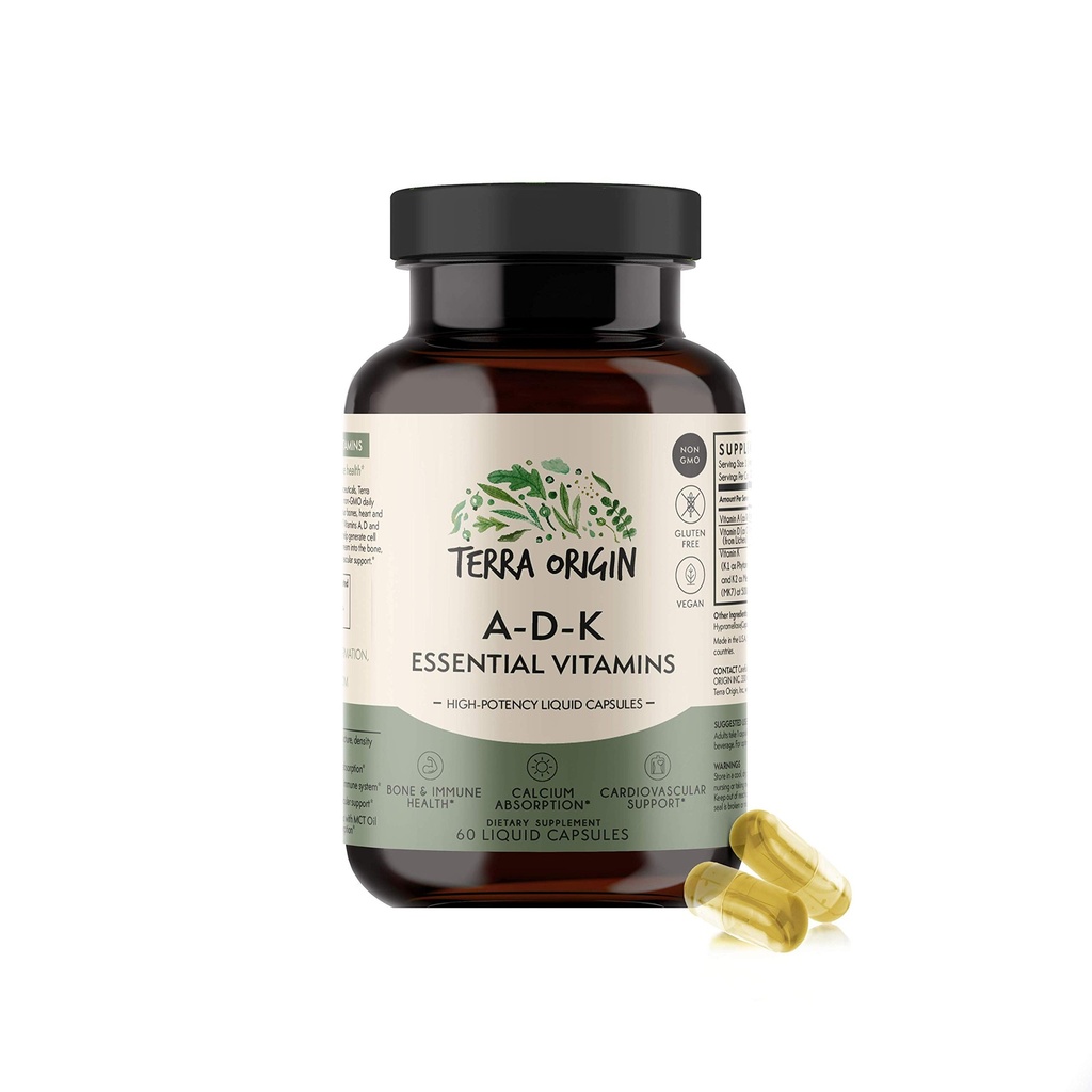 TERRA ORIGIN ADK Essential vitamin dodatek 124; 60 kapalné kapsle 124; High potency vitamin A, D 5000 IU, K1 a K2 PHAR124; non GMO, gluten zdarma, Vegan, Made in USA