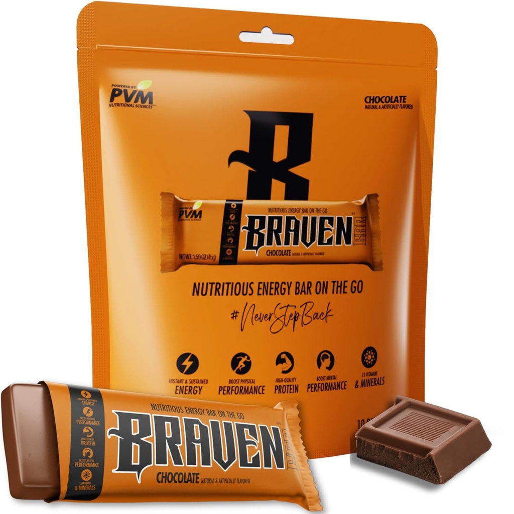 Braven Bar Chocolate Energy Bary (1.59 oz, Pack of 10) - Energy Chews with 5g Protein - On- the--Go Energy Snacks for running, Touking, and Sports - Gluten Free Snacks for Setrvalá energie Boost