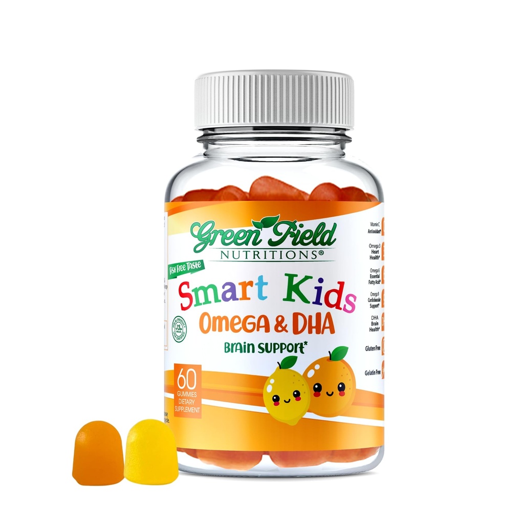 Greenfield Nutritions Smart Kids Halal Omega 3 Gummies s DHA - 60 Halal Vitamíny pro děti, podporuje Brain & Imunitní zdraví - Vegan, Non- GMO, Gluten, Gelatin- Free a Peanut- Free Halal Gummy Vitamíny