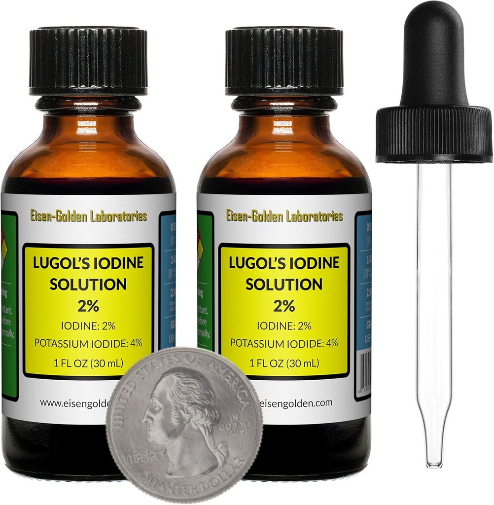 Lugol 's jód / 2% Solution / 2 Oz in Two Amber Glass Bottles / Free Droppers / USA