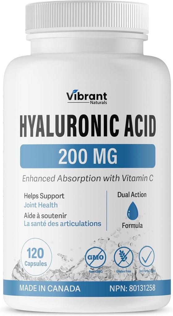 Hyaluronická kyselina dodatek 200mg - 120 Kapsle, s vitaminem C 100mg, kloubní a kožní zdraví, non-GMO fermentace, gluten zdarma, třetí strana testována, biodostupný vzorec