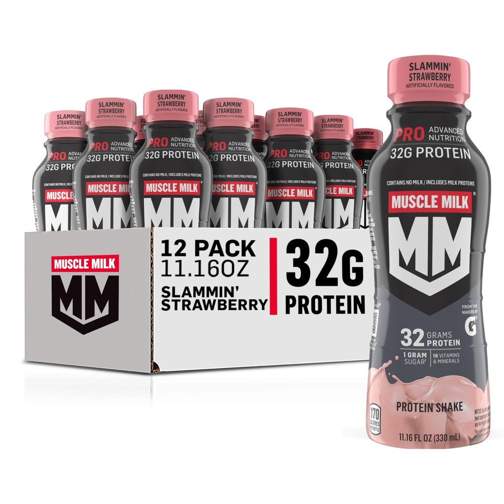 Muscle Milk Pro Advanced Nutrition Protein Shake, Slammin 'Strawberry, 11.16 Fl Oz (balení po 12), 32g protein, 1g cukr, 16 vitaminů a minerálů, 5g Fiber