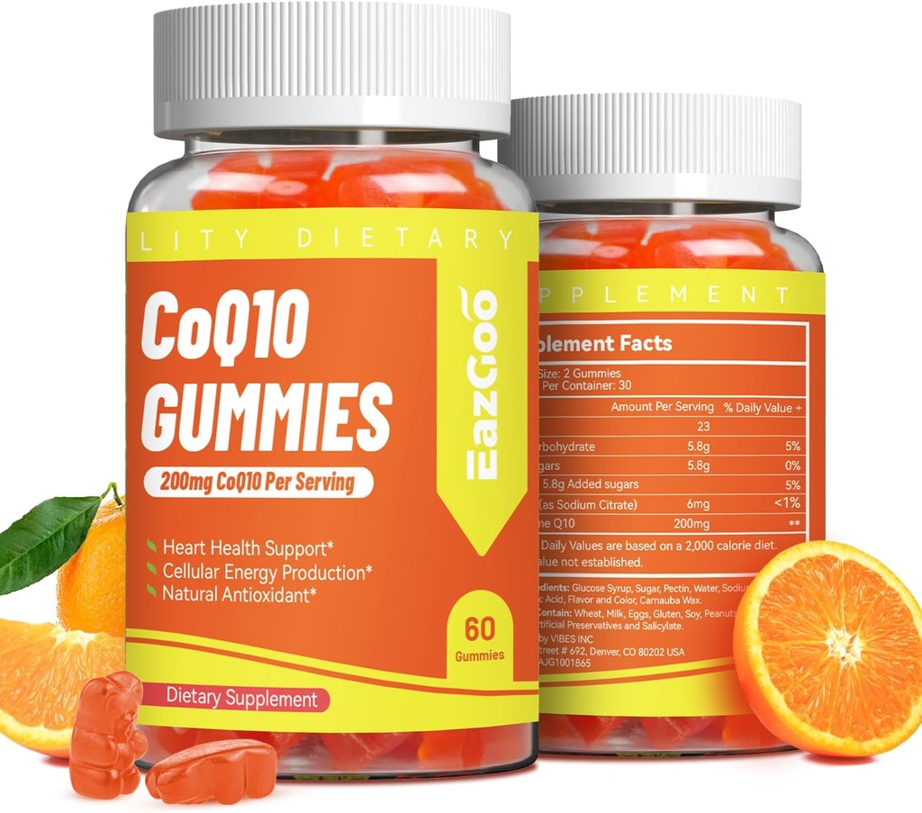 CoQ10 Gummies 200mg, Vegan dodatek pro výrobu energie, non-GMO, gluten zdarma (120 Gummies)