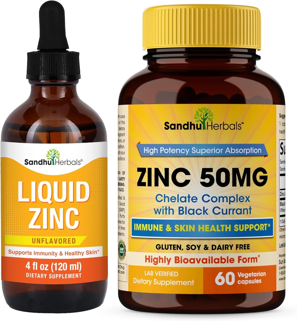 Sandhu Herbals Liquid Zinek Kapsle 4 Oz & Zink 60 Počet dodatek 124; Podporuje imunitní a kožní zdraví 124; Vyrobeno v USA