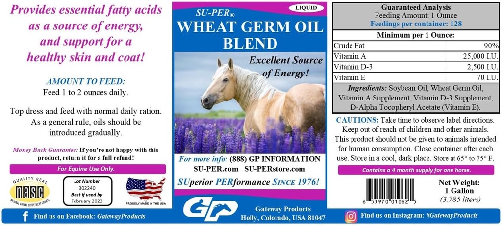 SU-PER Pheat Germ Oil Blend for Horses - Podporuje energii, vytrvalost, Staminu, zdravou pleť a kabát - esenciální mastné kyseliny, vitaminy a minerální látky - 1 Gallon + čerpadlo, 4 měsíční dodávka