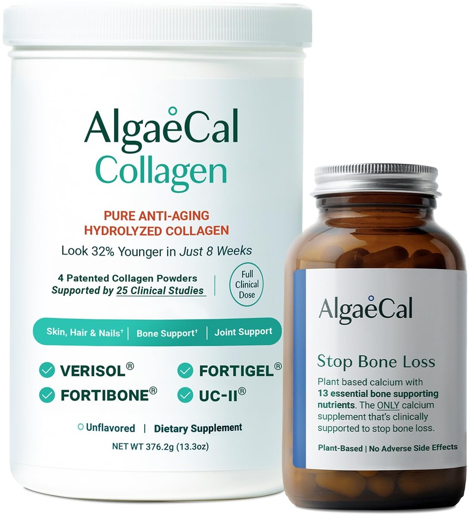 ALGAECAL vápník & kolagen Bundle - Hydrolyzované kolagen Kompletní s Clinically-Podporované Verisol, Fortibone & Fortigel, Plus 13 Kostní podpůrné minerály a vitamin D3 pro kostní zdraví & Anti- Aging
