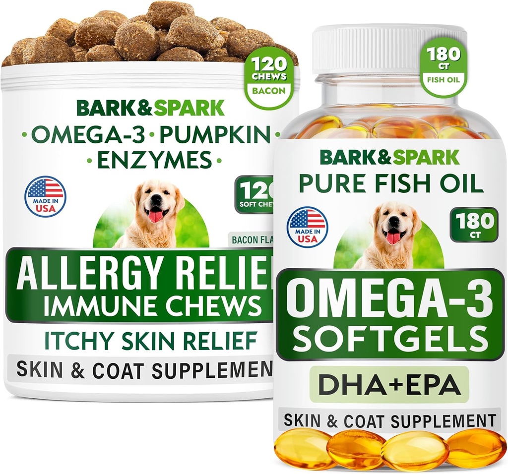 Alergie Relief + Omega 3 Bundle - Anti- Itch Skin & Coat Supplement + Kožní alergie - Omega 3 Fish Oil + EPA & DHA Fatty Acids - Svědění a lízání tlapek + Joint Health - 120 Žvýkačky + 180 Softgels - Made in USA
