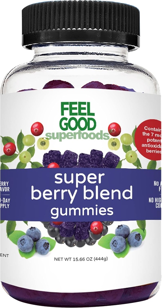 FeelGood Superfoods Super Berry Multivitaminové doplňky, Acai, Amla, Lingonberry, Maki, Borůvky a Aronia Berry Gummies, Berry Flavor, Vegan, Non- GMO, 60 Počet