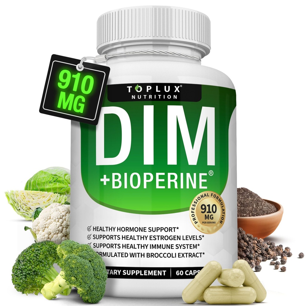 Dim dodatek 910 mg Plus BioPerine Complex - Diindolylmethan na podporu hormonální rovnováhy a metabolismu estrogenu, Pomáhá s Menopause Acne PCOS Lepší kůže kulturistika, pro muže ženy, 60 Kapsle