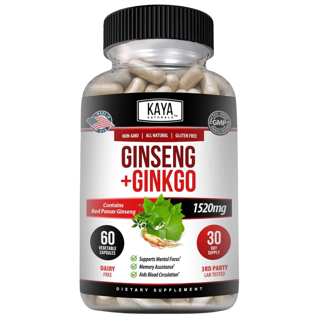 Kaya Naturals Red Panax Ginseng + Ginkgo Biloba - Nootropní doplněk mozku - Kognitivní a koncentrační podpora - Mozkový booster, Focus, a doplněk paměti - 60 Kapsle