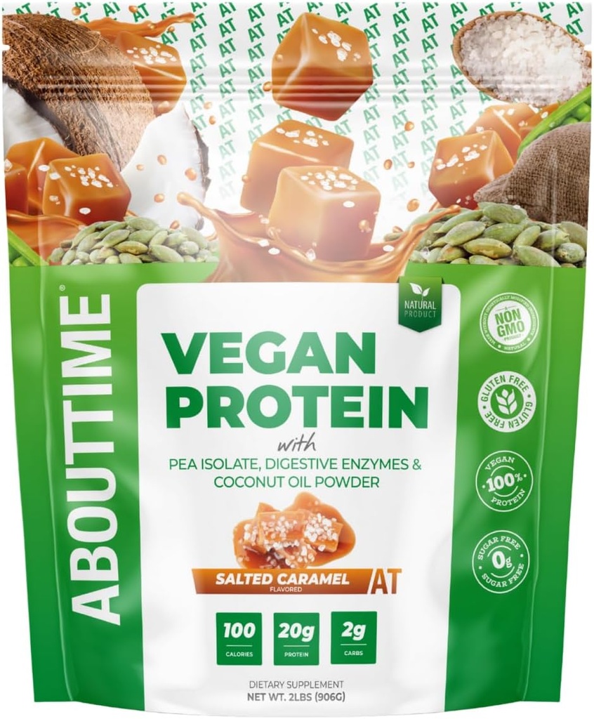 O čase Vegan protein prášek 20g slaný karamel, přírodní složky, Non- GMO, Plant based, gluten Free, Soy Free, mlékárenské zdarma, 32 Služeb