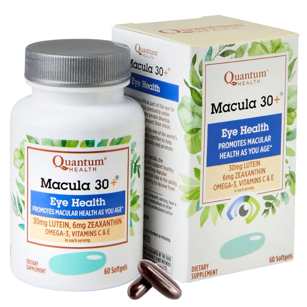 Kvantové zdraví Macula 30 + Doplatek péče o oči Promotes Macular & Retinal Health as You Age with Lutein Zeaxanthin Omega33 Vitamíny C & E Denní výživa pro ženy a muže - 60 Softgels
