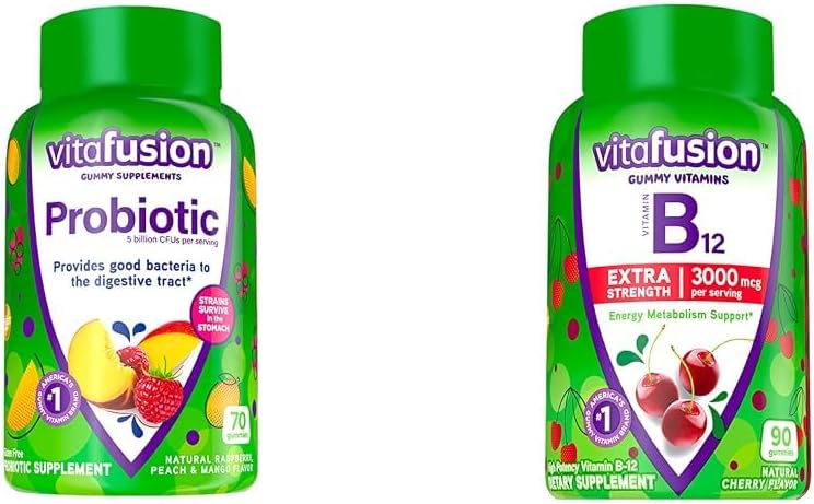 Vitafuze Probiotické Gumové doplňky, Maliny, Peach a Mango Flavors & Extra síla Vitamin B12 Gummy Vitamíny