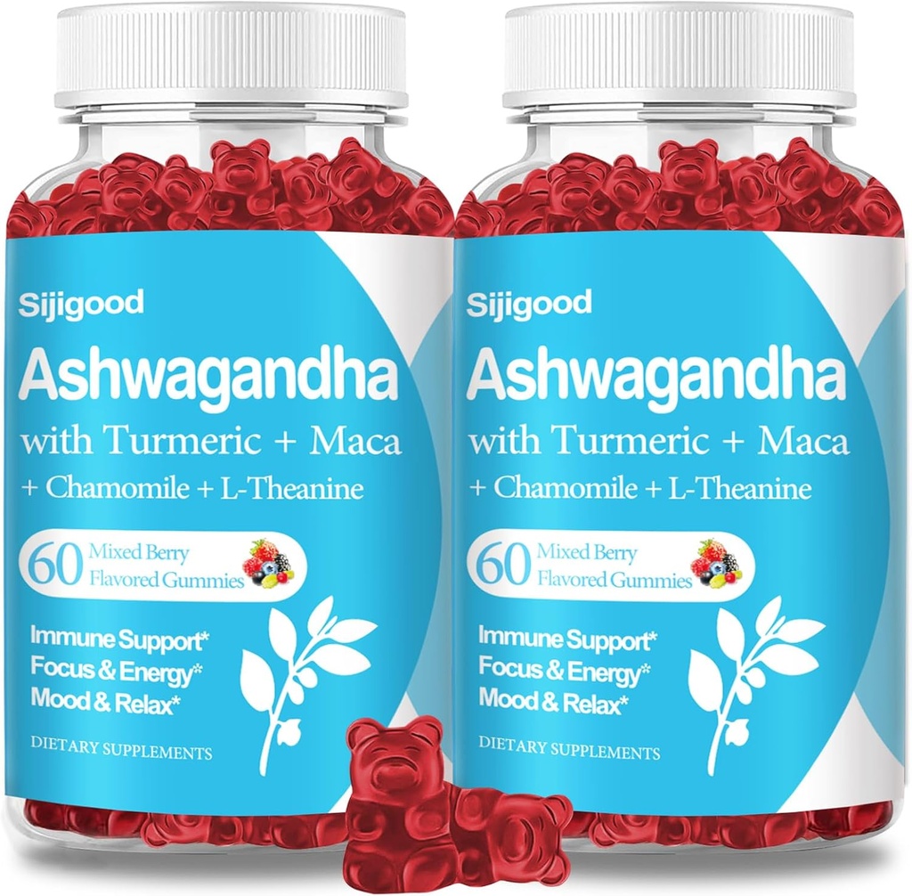 2 Pack Ashwagandha Gummies s L-theanine, Ashwa Root dodatek Gummy pro ženy muže, 120 Smíšené Berry Ochucené gumy