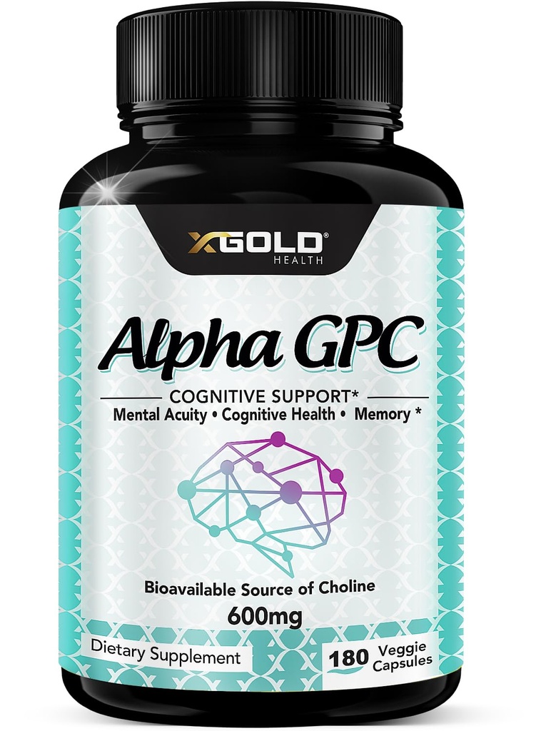 Alpha GPC Choline dodatek 600mg, 99% + Vysoce čištěný, Vysoce biologicky dostupný zdroj Cholinu, 180 Veggie Kapsle, Kognitivní Enhancer Nootropic, podporuje paměť a funkce mozku, zvyšuje zaměření a nálady