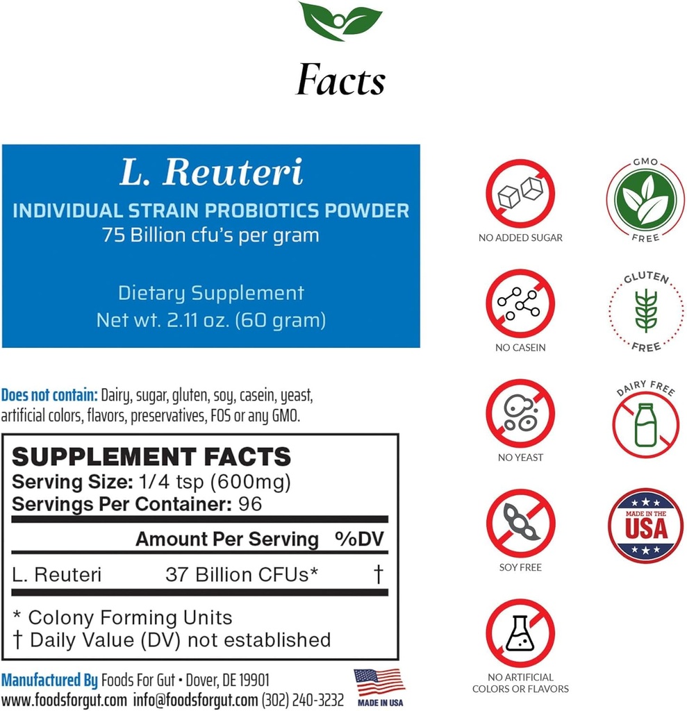 Lactobacillus Reuteri Probiotic Powder 75 Billion cfu 's OR 124; Made in USA OR 124; No Additives OR 124; Direct from Manufactur124; No Third- Party Storage OZ 124; Digestive & Imunitary Support OR 124; L. Reuteri OZ 124; 60 Grams (2.11 OZ)