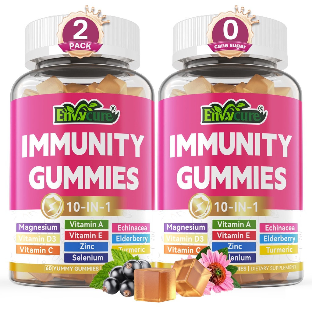 10 v 1 Imunitní Supplement Gummies, w / Echinacea, Elderberry Vitamin C a zink, Selen, Vitamin D3 5000IU, Magnesium, Denní imunitní posilovač Multivitamin, pro antioxidační kostní energii, 2 Pack