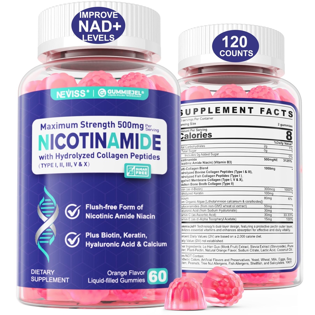 2 Pack - Nikotinamid 500mg Gummies, NAD + dodatek pro ženy a muže w / Collagen Peptides, (Flush Free Niacin) Vitamin B3 Niacinamid pro antiaging, NAD + Úrovně, Dlouhověkost, Focus & Brain, Bez cukru