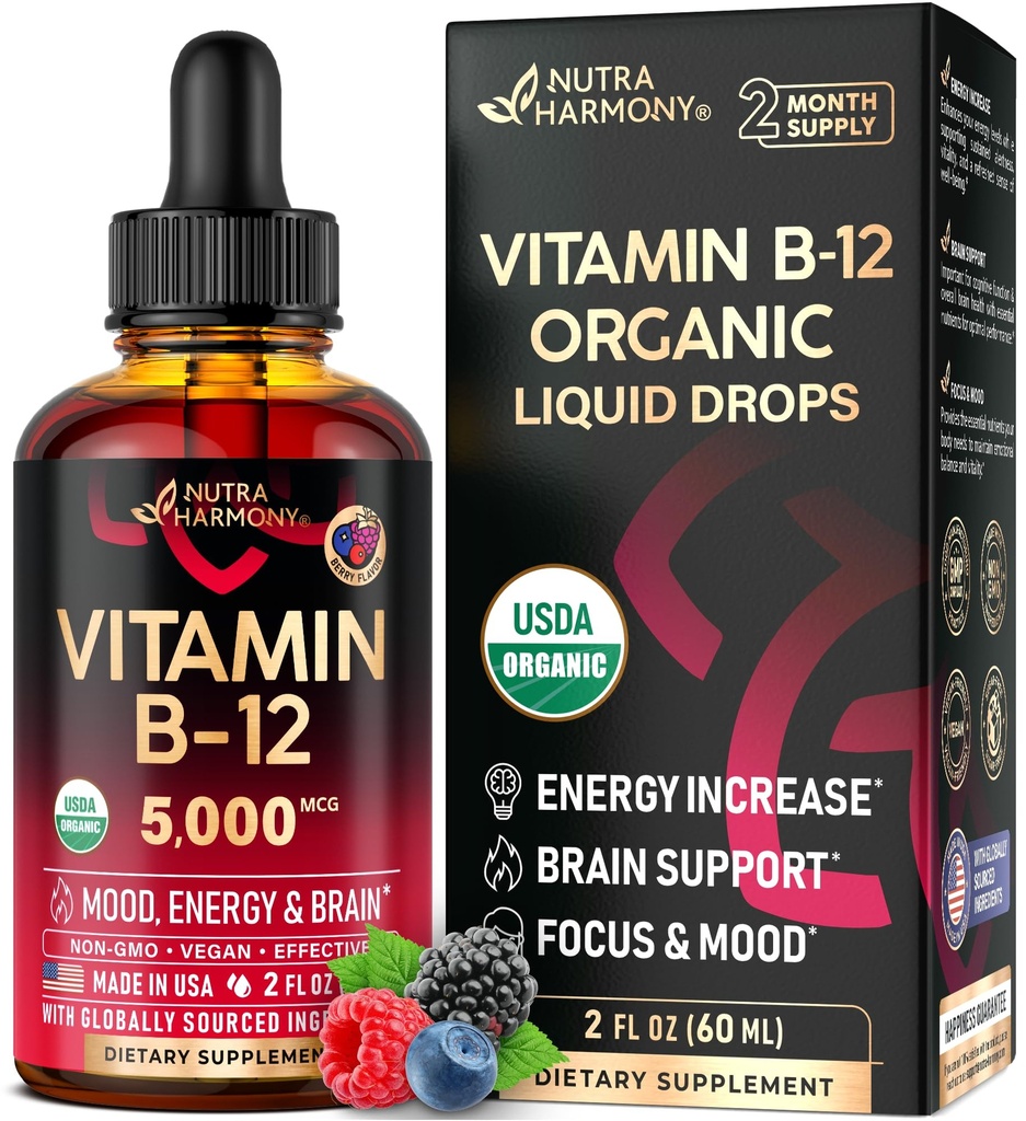USDA Organic Vitamin B12 Sublingvální kapky - 5000 mcg Tekutý Vegan Methylkobalamin pro ženy a muže - Energy Boost, Focus & Mood, Brain Health Support - Maximalizovat absorpci - 2 měsíce dodávky, 2 fl oz