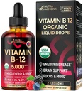 USDA Organic Vitamin B12 Sublingvální kapky - 5000 mcg Tekutý Vegan Methylkobalamin pro ženy a muže - Energy Boost, Focus & Mood, Brain Health Support - Maximalizovat absorpci - 2 měsíce dodávky, 2 fl oz