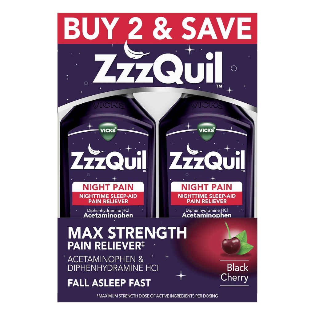 ZzzQuil Liquid Max Strength Pain Reliever, Nighttime Sleep Aid Liquid, Acetaminophen 1000mg, Difenhydramine 50mg HCI, Non- Habit Forming, Black Cherry Flaused, 2 Pack, 24 FL OZ