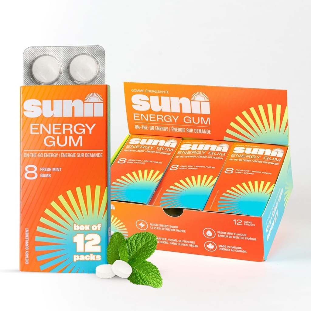 Sunii - Energy Gum - New Quick Boost Energy & Focus - 50mg Caffeine Gum -Vitamíny B6 & B12, Taurin, Vegan, No Sugar, Nula Calorie, Fresh Mint Chuť - Rychlejší než žvýkání, Nápoje, Gels & pilulky (96ks)