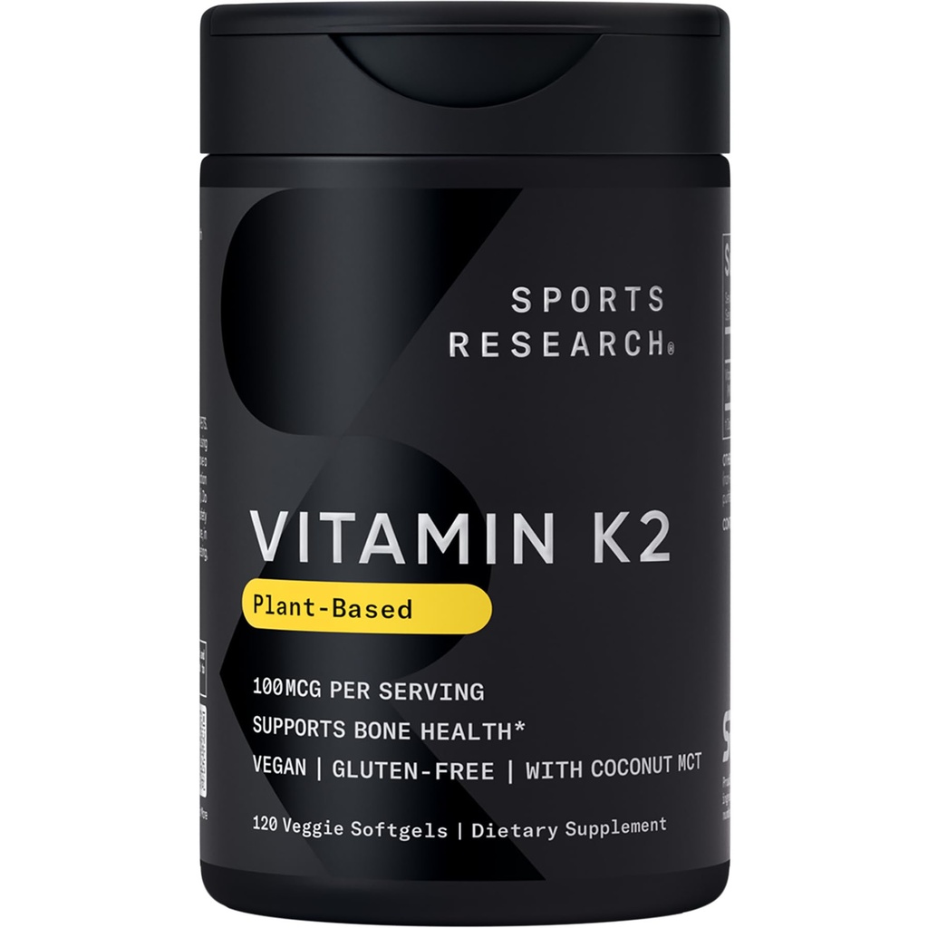 Sportovní výzkum Vitamin K2 jako MK-7 100mcg s Coconut MCT Oil - 120 Veggie Softgels (4 Měsíční dodávky) Vegan Certified, Non-GMO Ověřené, Gluten & Soy zdarma