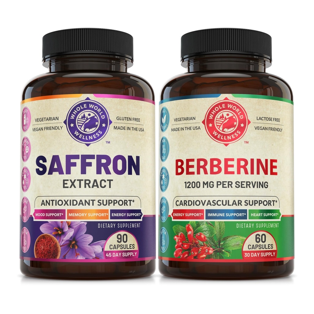 Čisté Saffron Extract & Premium Berberine Bundle (Jedna láhev každý). Podporuje Mood, Energy Boost, Metabolické funkce. USA Made.
