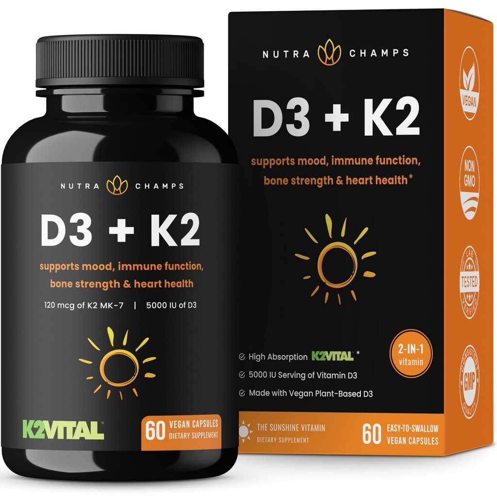 NutraChamps D3 s doplňkem K2 MK7 pro zdraví srdce a kostí 124; Vitamin D & K Complex Vitamin D 124; 5000 IU vitaminu D 3 & 100 mcg vitaminu K 2 MK-7 Vitamin K2 D3 Kapsle