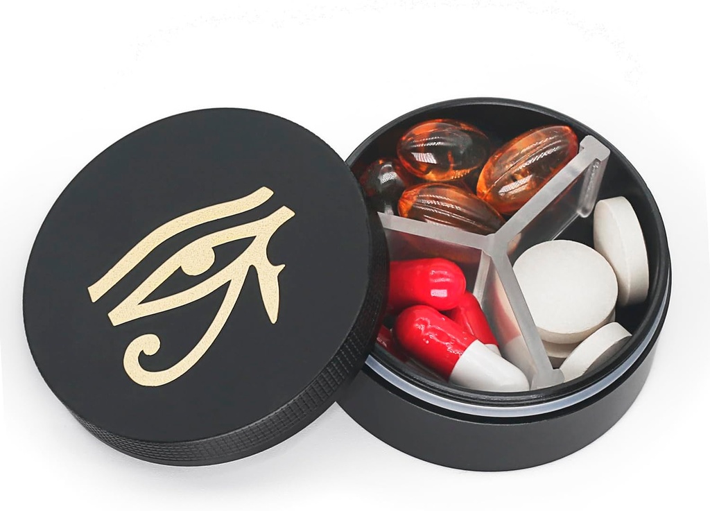 Pouzdro na malé pilulky 3 Compartments, Metal Round Portable Pill Box, Waterproof Travel Pill Organizátor, Kapesní Purse Medicine Držák vitaminu EDC Kontejner (Black with Eye)