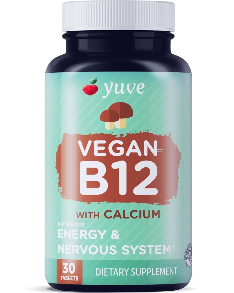 Yuve Vegan B12 s vápníkem pro maximální absorpci - Active Energy & Central Nervous System Support - 1000mcg Cobalamin Vitamin B 12 - Přírodní, Non- GMO, Gluten- Free, Sugar- Free - 30 Tabs