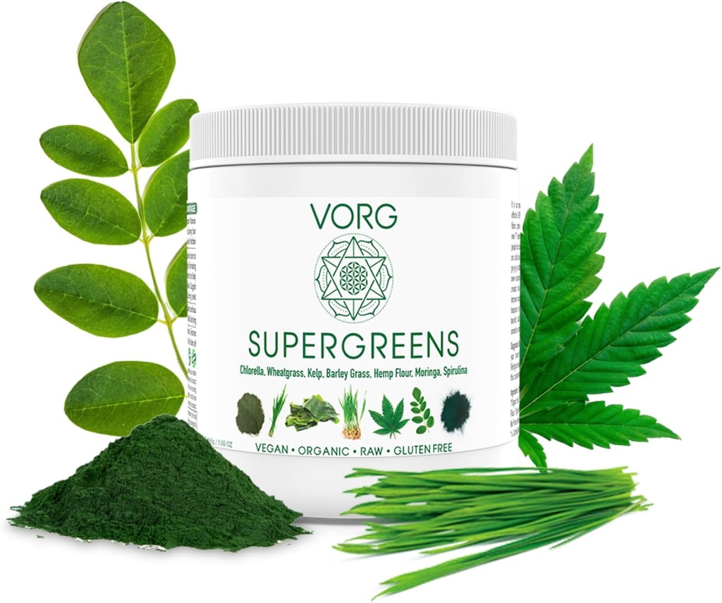VORG SuperGreens - # 1 Green Superfood Powder with Chlorella, Barley Grass, Moringa, Kelp, Spirulina, Wheatgrass - 100% Organic - Probiotika, Fiber & Enzymy (1 týden dodávky)