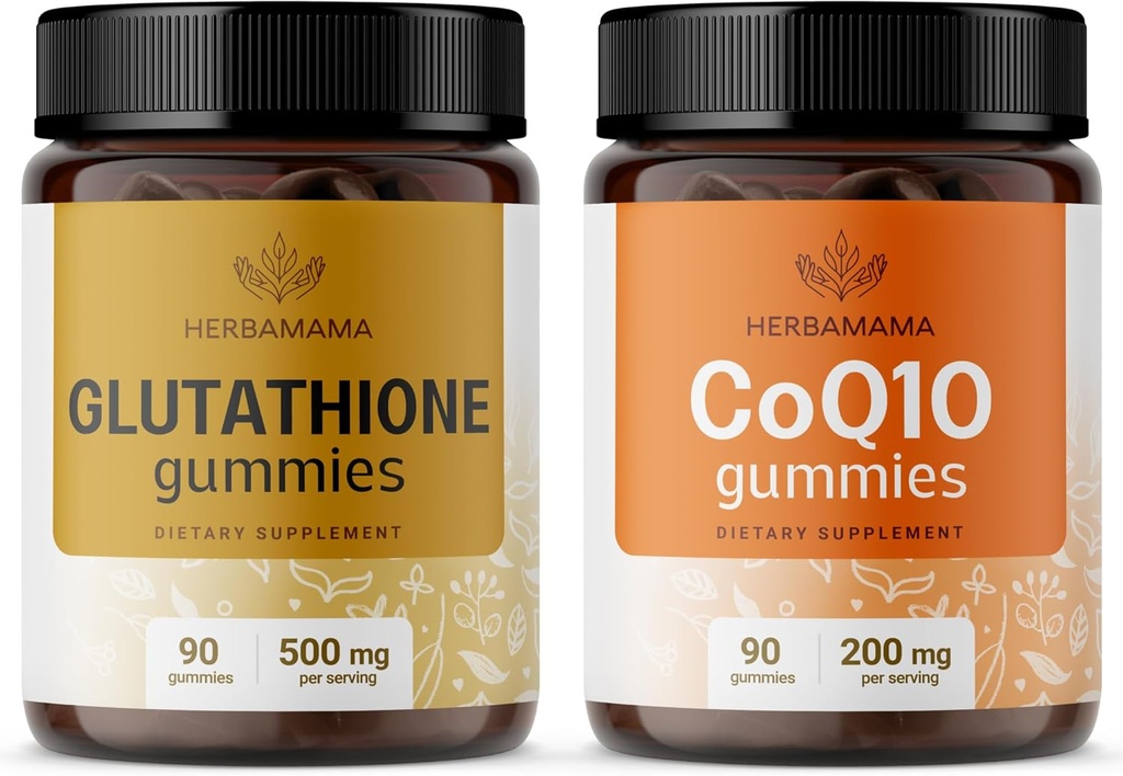 HERBAMAMA Glutathione and CoQ10 Kit - Bundle of 500 mg Reduced L- Glutathione and 200 mg CoQ10 Gummies - Vegan, Non- GMO, Gelatin- Free - 2 Pack