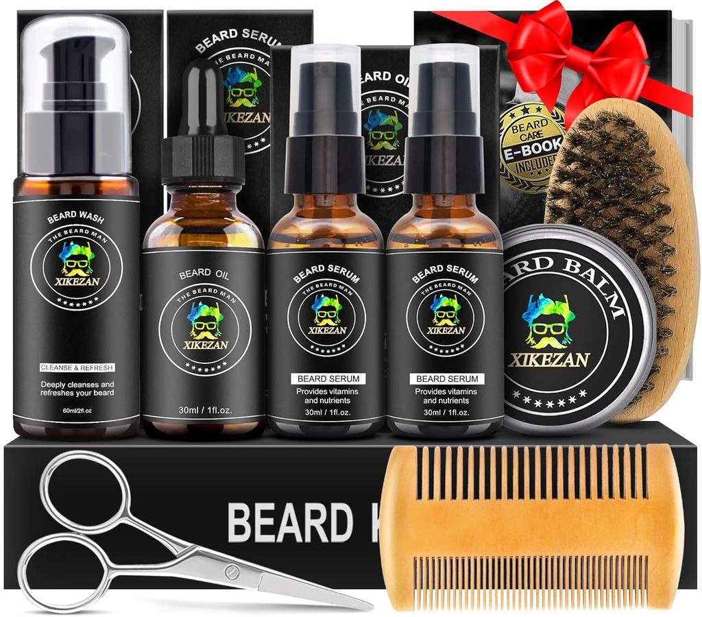XIKEZAN Beard Kit pro muže Grooming & Care Set w / 2 Pack Beard Serum, Wash, Olej, Balzám, Comb, kartáč, nůžky, Taška, EBook, Unikátní narozeninové dárky pro muže ho otec manžel bratr vánoční skladování Stuffers