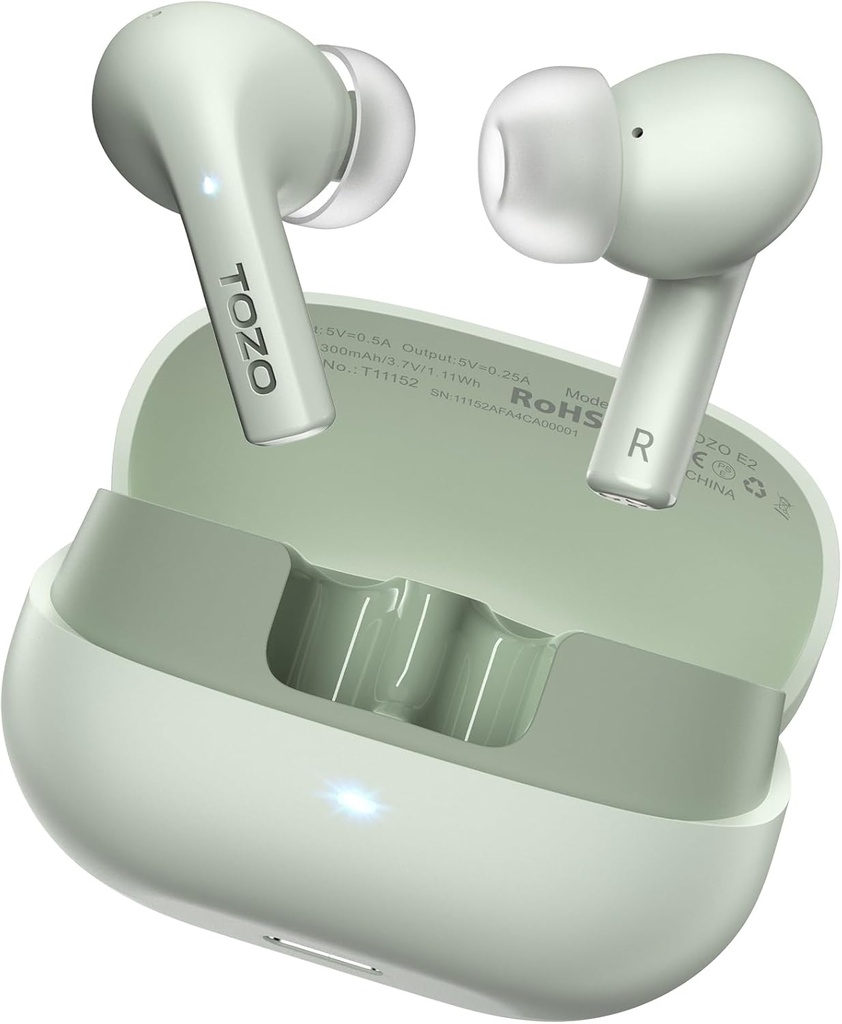 TOZO E2 Bezdrátové sluchátka s 2 Mics AI Call Noise Storno, 10mm Ovladače s Powerful Bass, App Vlastní 32 EQ, 30H Playtime, Bluetooth 5.3 Ušní Budy, Comfort Fit in- Ušní sluchátka
