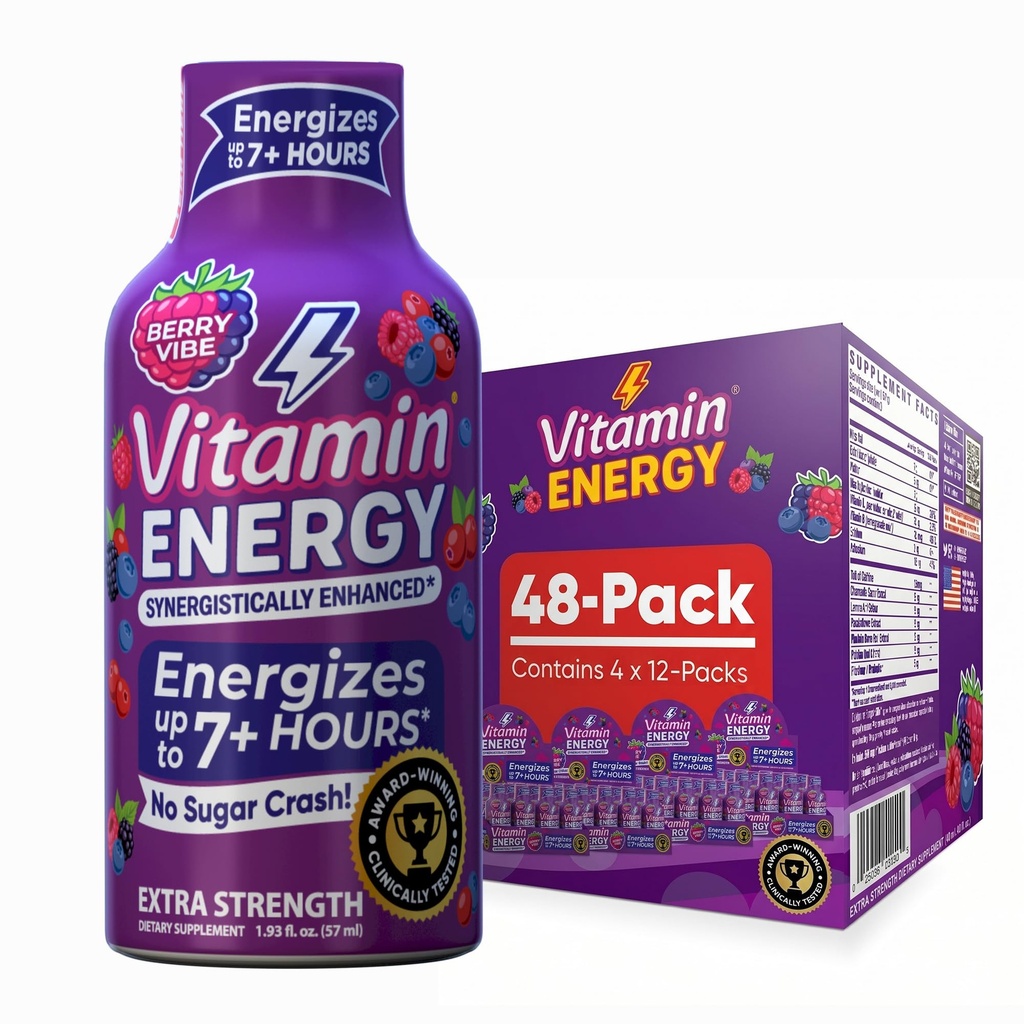 Vitamin Energy Mood + Extra Síla Energy Shot Tropical Berry 48 Pack, 260mg přírodní kofein, B-Vitamíny, Rhoddiola, Heřmánek, Mood & Energy Support, Nulový cukr, gluten- Free, Vegan, 1.93 fl oz